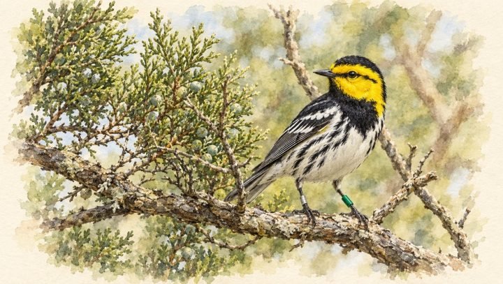 A banded golden-cheeked warbler