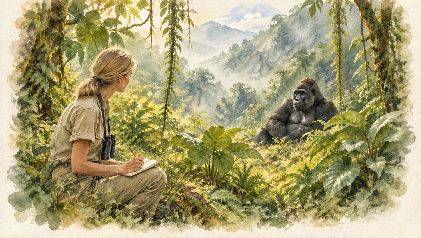 A biologist sketching field notes in a rainforest