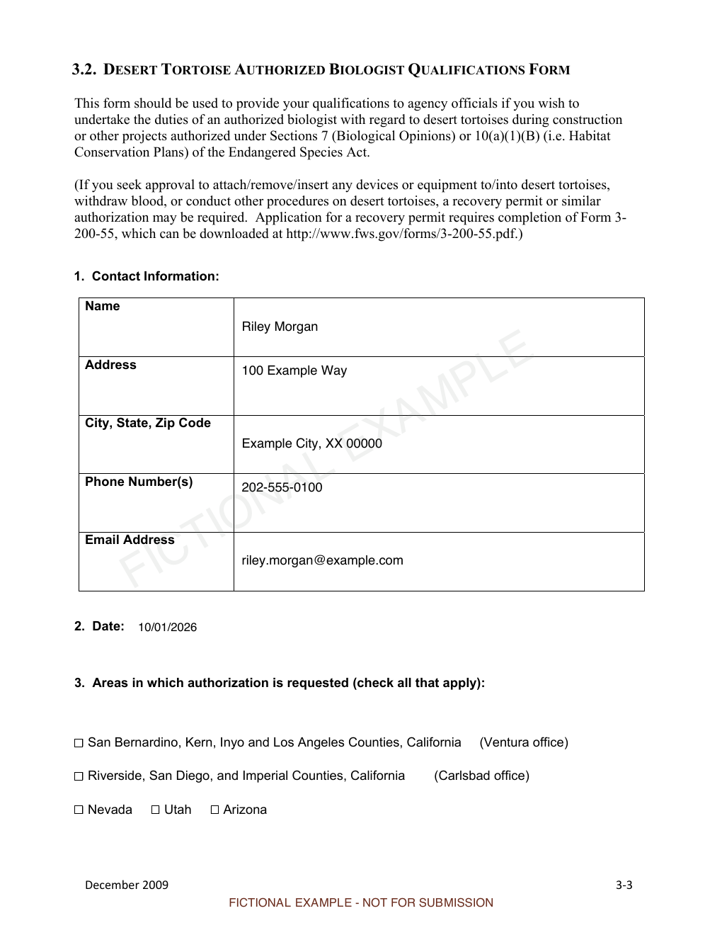 First page of a completed qualifications form using fictional information, marked not for submission.